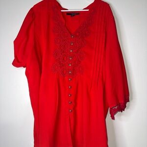 Denim 24/7 Red Embroidered Button-Front Tunic